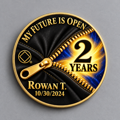 Gold recovery coin with black and blue design, zipper motif, and personalized two-year milestone