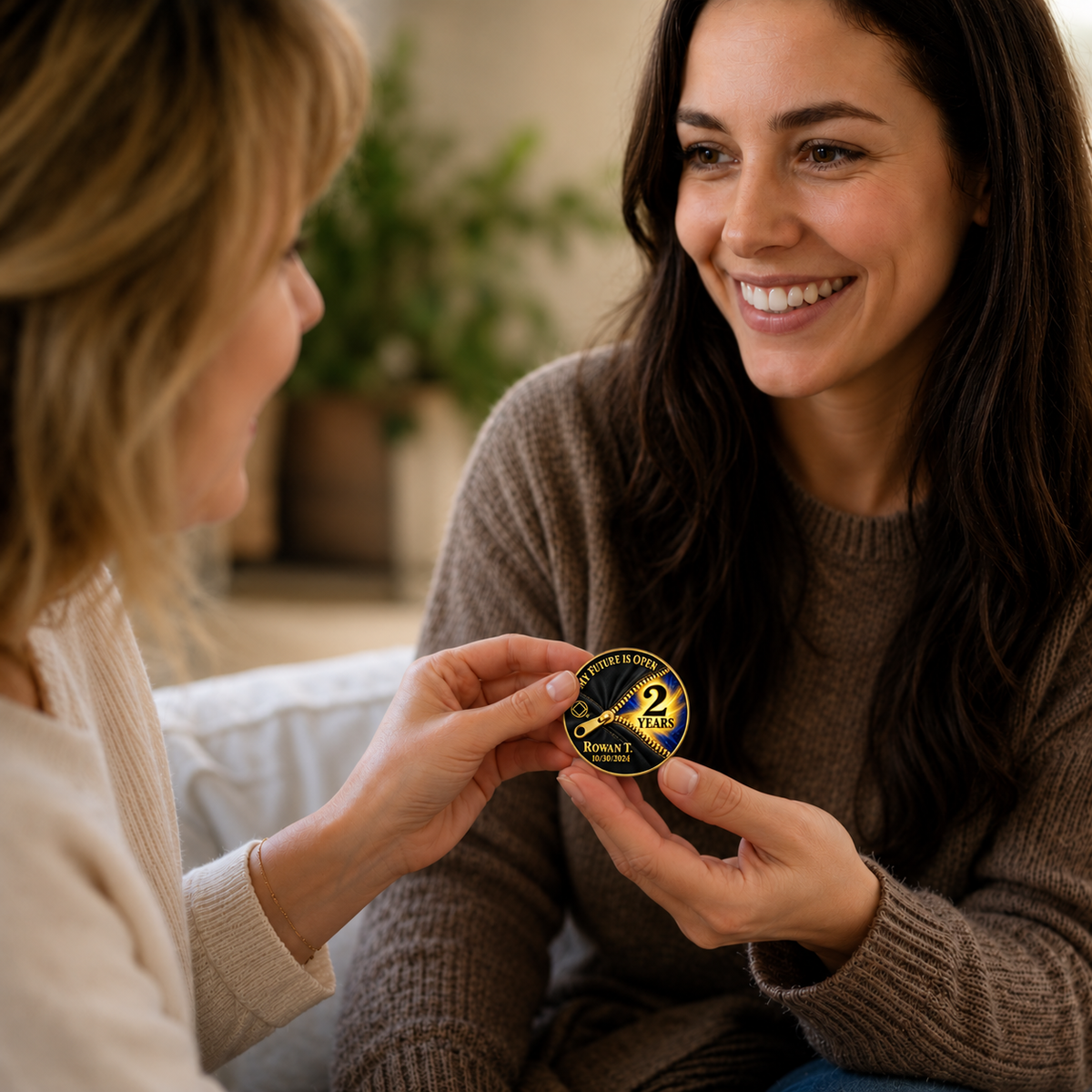 Personalized gold recovery coin being shared between two people