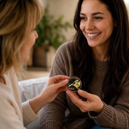 Personalized gold recovery coin being shared between two people