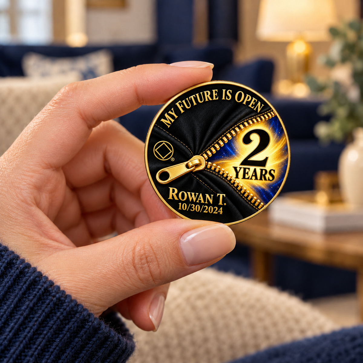 Personalized gold recovery coin with zipper design, held between fingers