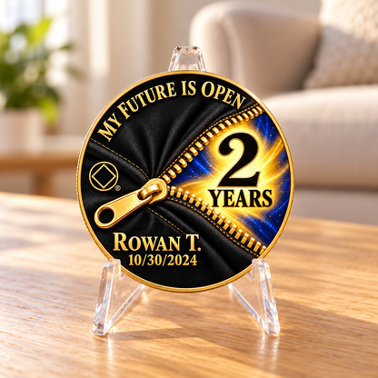 Gold recovery coin with a two-year milestone displayed on a clear stand