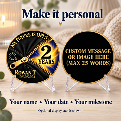 Personalized gold recovery coin and blank custom-message coin shown on clear stands