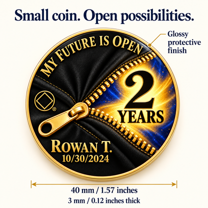 Gold recovery coin with glossy finish, zipper design, and 40 mm size details