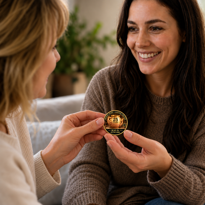 Gold recovery coin with a 25-year design, held between two people