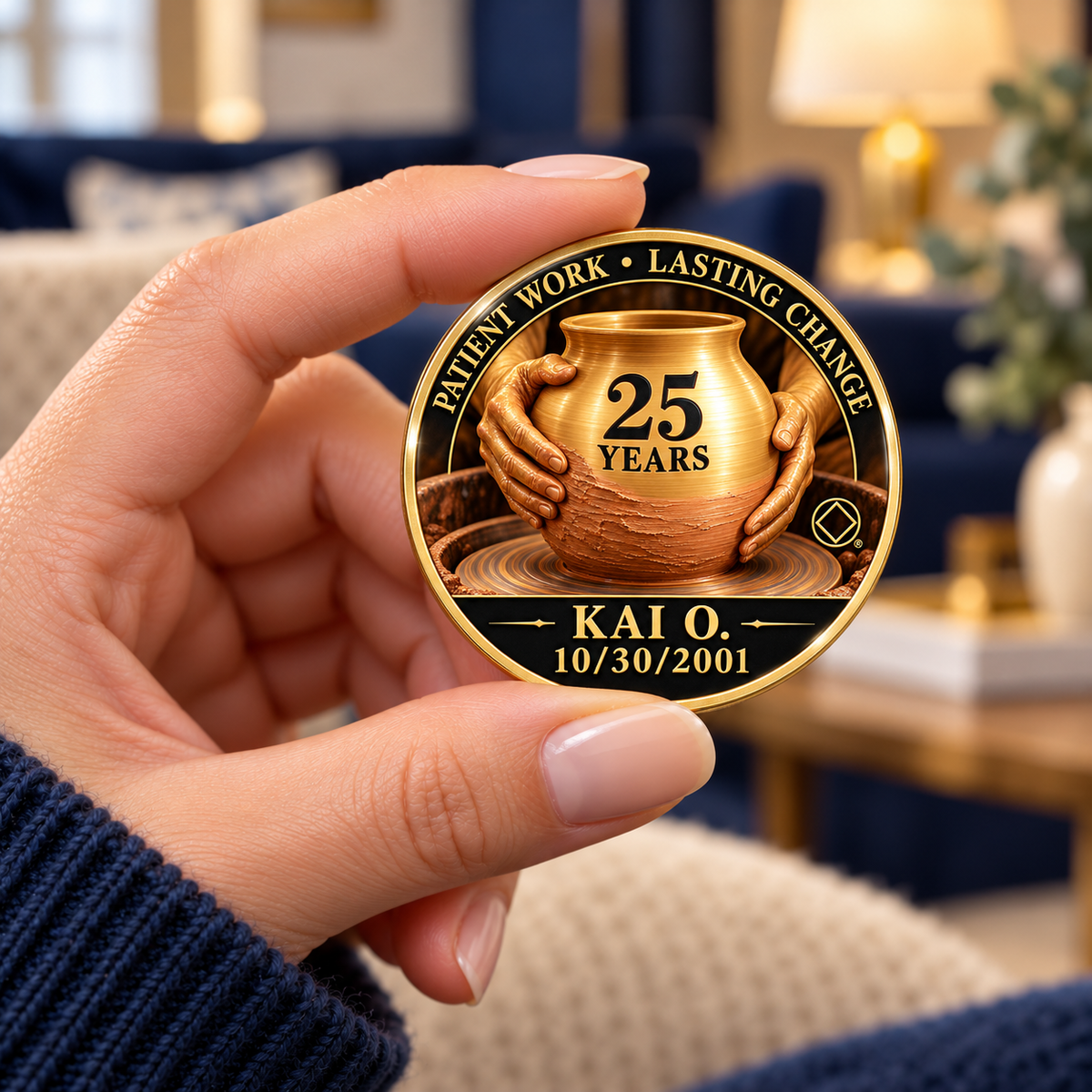 Gold recovery coin held between fingers, showing a pottery vessel and 25-year milestone
