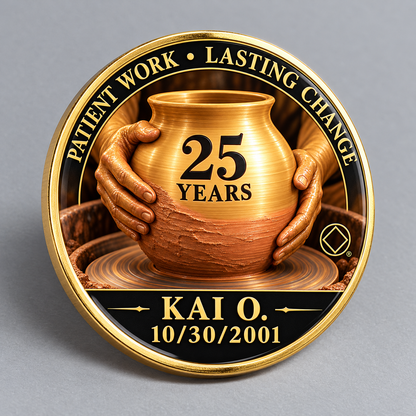 Gold recovery coin featuring a pottery vessel, 25-year milestone, name and date