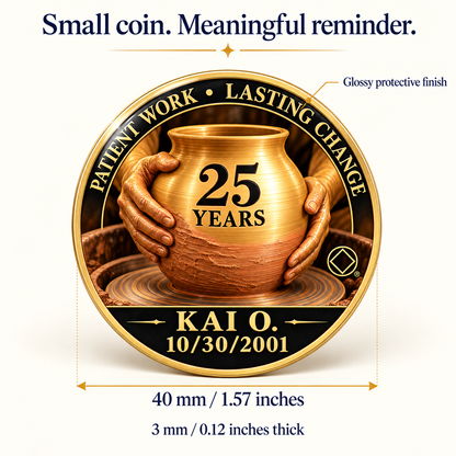 Gold recovery coin with glossy finish, pottery design and personalized milestone