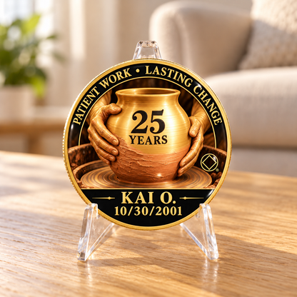 Personalized gold recovery coin displayed on a clear stand