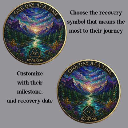 Gold Custom Recovery Medallion,  Mountain Stream Sunset