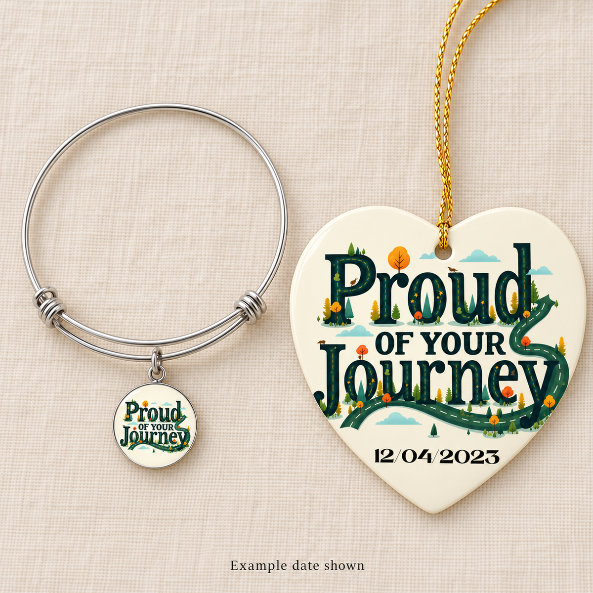 Sobriety gift set with a silver-tone charm bracelet and a cream heart ornament with gold cord