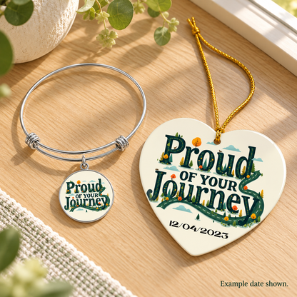 Bracelet and heart ornament set with matching “Proud of Your Journey” designs and a printed date