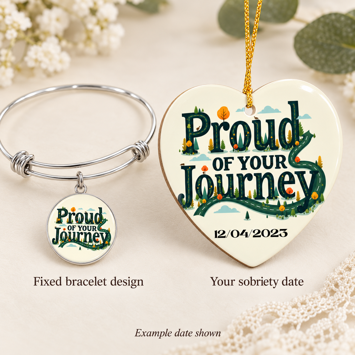 Sobriety gift set showing the fixed silver-tone bracelet design and heart ornament with date