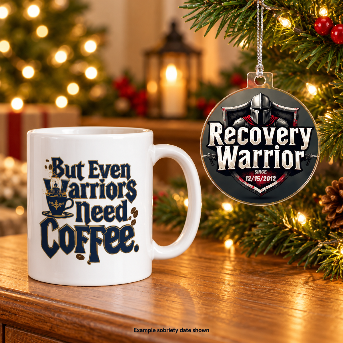White coffee mug and hanging recovery warrior ornament with matching printed designs