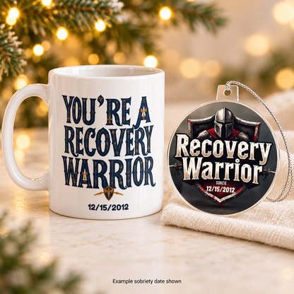 Christmas gift set with a white recovery warrior mug and matching round ornament