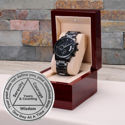 Recovery watch in wooden gift box with linked metal bracelet and black dial