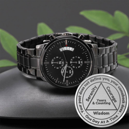 Black engraved recovery watch with linked metal bracelet and round black dial