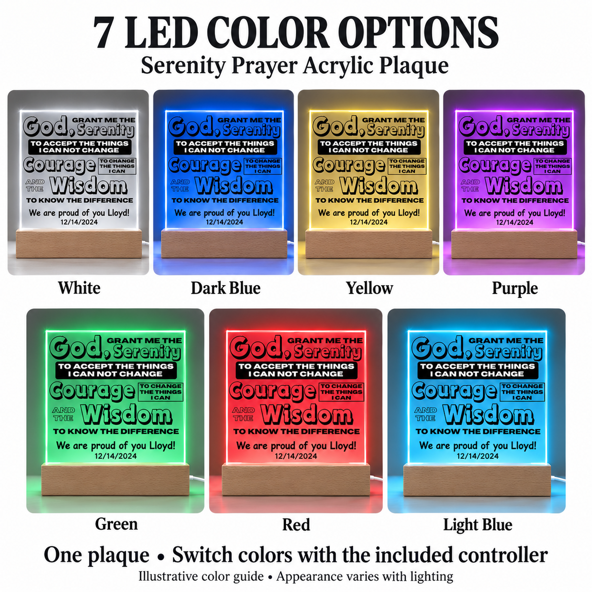 LED acrylic serenity plaque shown in seven light colors with a wooden base