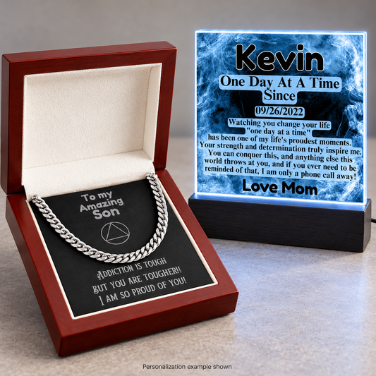 Son gift set with silver-tone chain necklace in a red box and personalized LED plaque