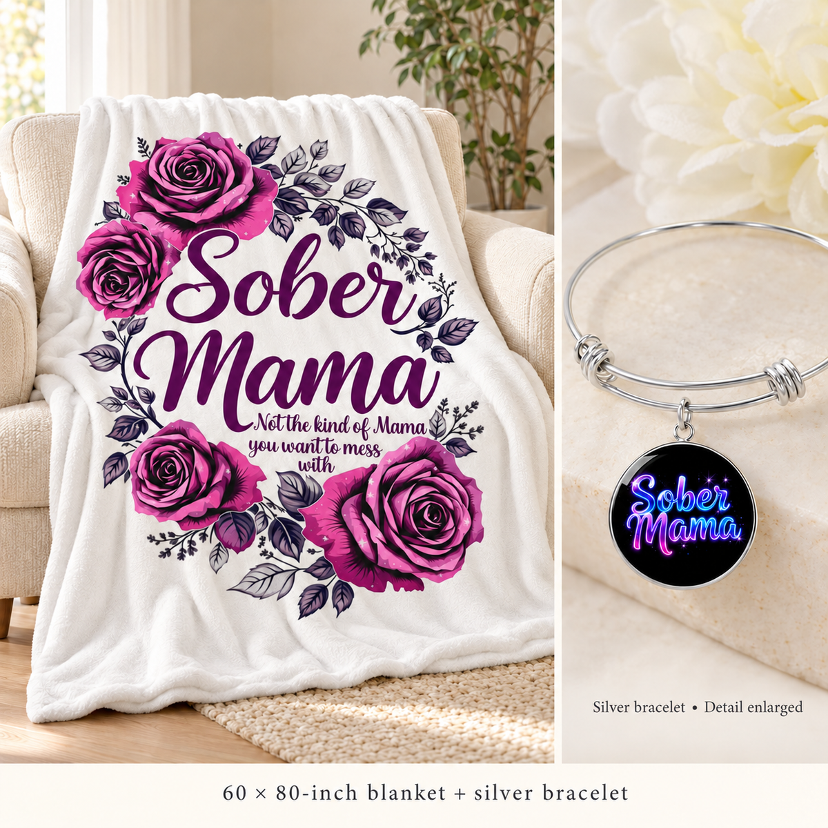 Floral blanket and silver bracelet gift set with rose print and matching round charm