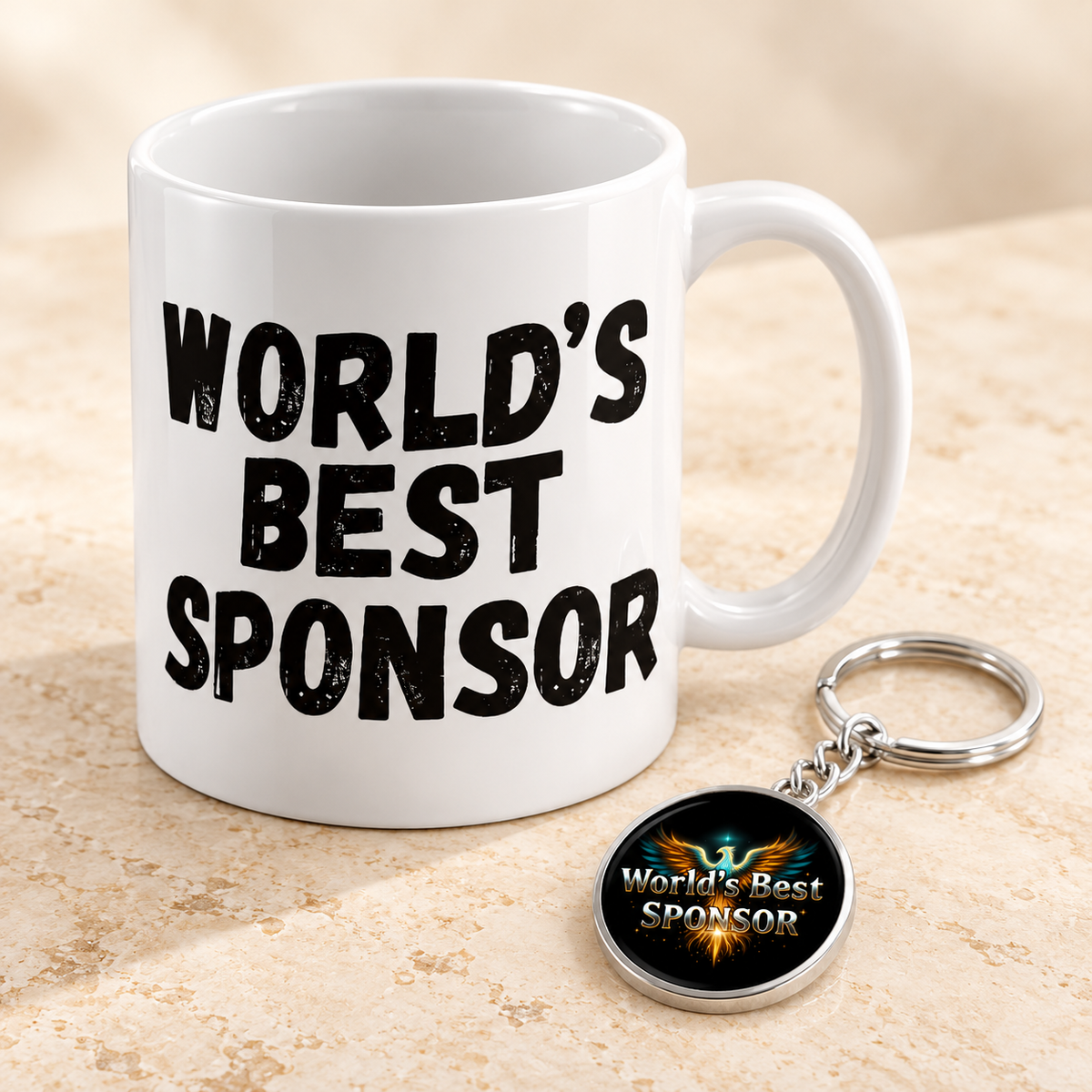 White sponsor gift set with a mug and round Phoenix keychain; matching sponsor text on both.