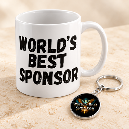 White sponsor gift set with a mug and round Phoenix keychain; matching sponsor text on both.