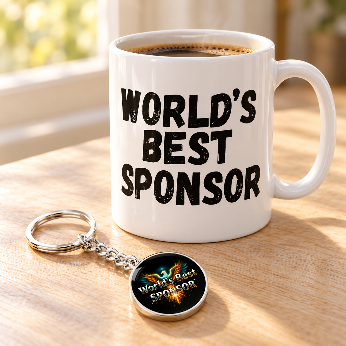 White sponsor mug filled with coffee beside a matching Phoenix keychain.