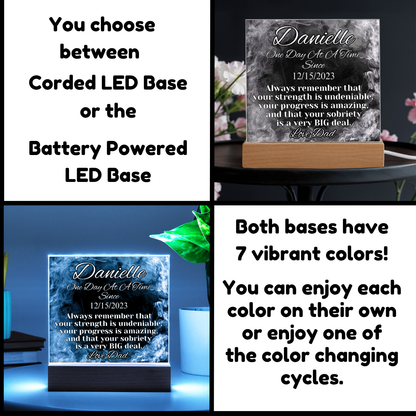LED acrylic name plaque with wood base and Danielle text, color-changing display