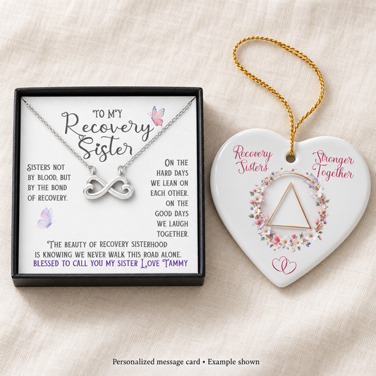 Recovery sister gift set with infinity necklace in a message box and heart-shaped ornament