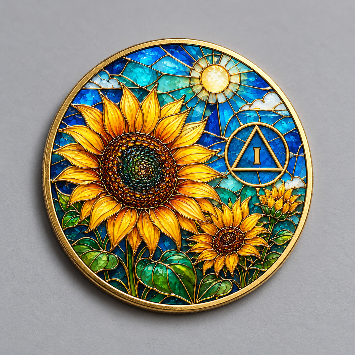 Gold recovery medallion with stained-glass sunflowers, a sun, and an AA triangle symbol