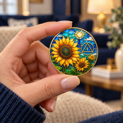 Gold sunflower recovery coin held between fingers, showing a colorful floral design and AA symbol