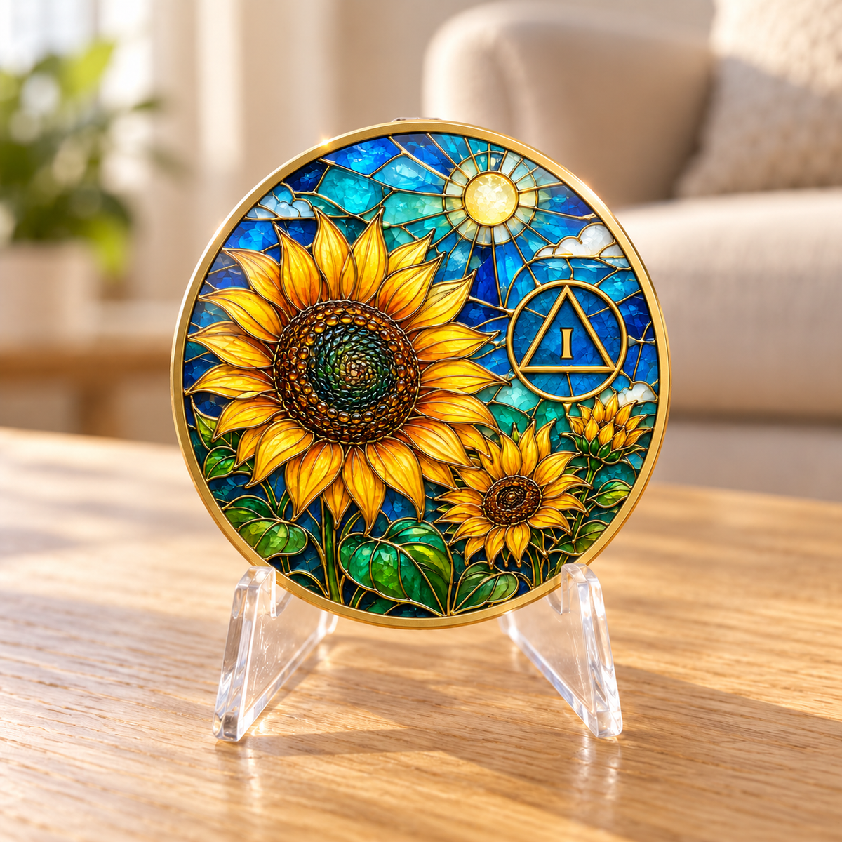 Gold sunflower recovery coin displayed on a clear stand, with a colorful AA design
