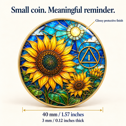 Gold sunflower recovery coin with glossy finish, measuring 40 mm wide and 3 mm thick