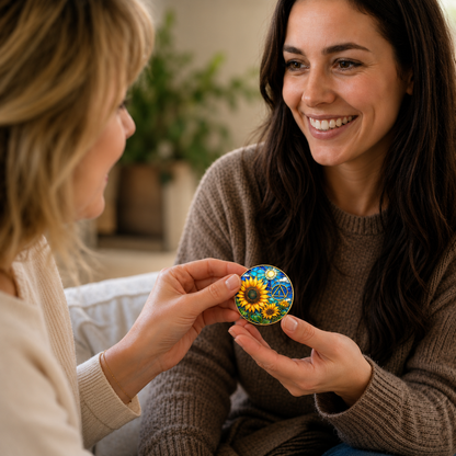 Gold sunflower recovery coin being handed between two people