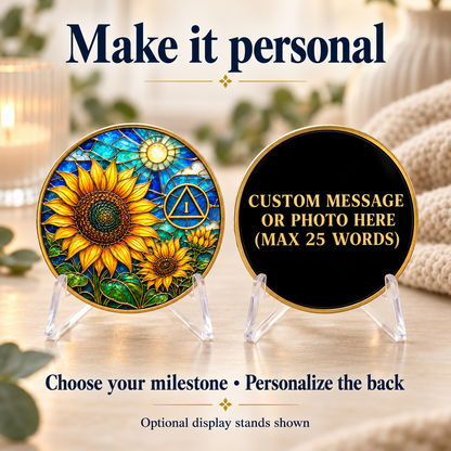 Personalized gold recovery coin showing the sunflower front and a custom message on the back