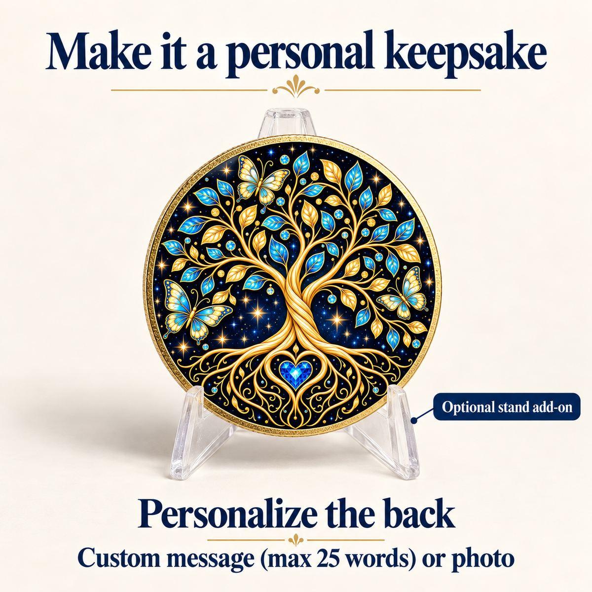 Blue and gold tree of life recovery coin displayed on a clear stand; reverse can be personalized.