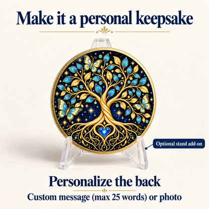 Blue and gold tree of life recovery coin displayed on a clear stand; reverse can be personalized.
