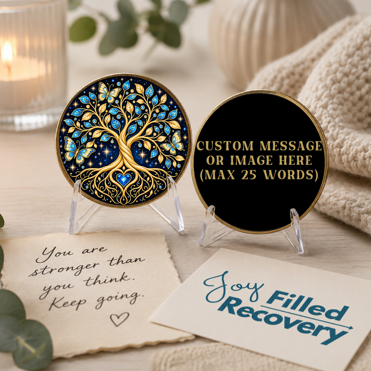 Recovery coin with blue and gold tree of life and butterfly design, shown with personalized reverse.