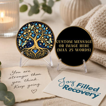 Recovery coin with blue and gold tree of life and butterfly design, shown with personalized reverse.