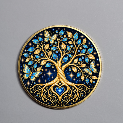 Tree of Life recovery coin with a gold rim, blue and gold butterflies, and a heart at the roots