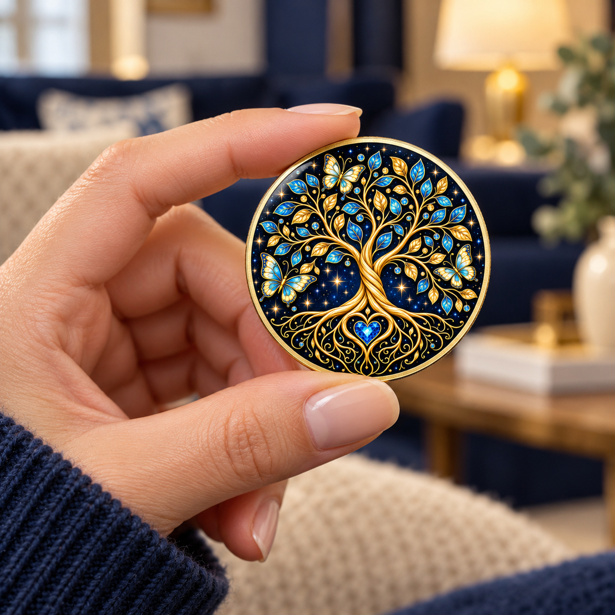 Small round recovery coin with blue and gold tree of life and butterfly design, held in a hand.