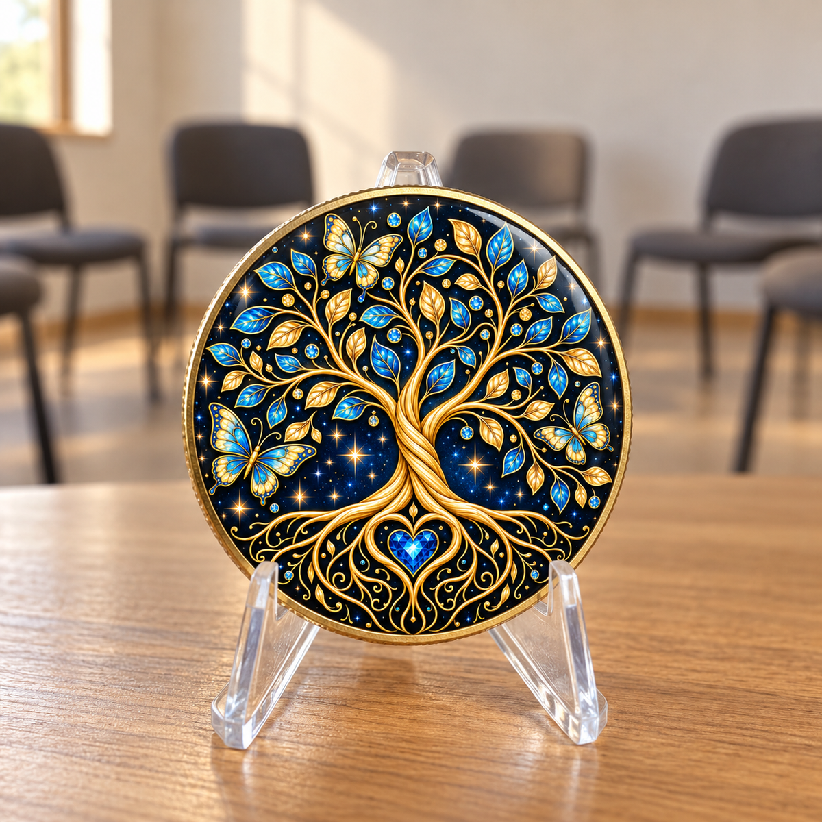 Round recovery coin displayed upright on a clear stand, featuring a blue and gold Tree of Life