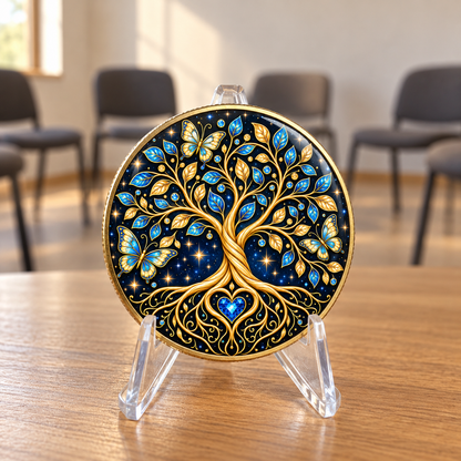 Round recovery coin displayed upright on a clear stand, featuring a blue and gold Tree of Life