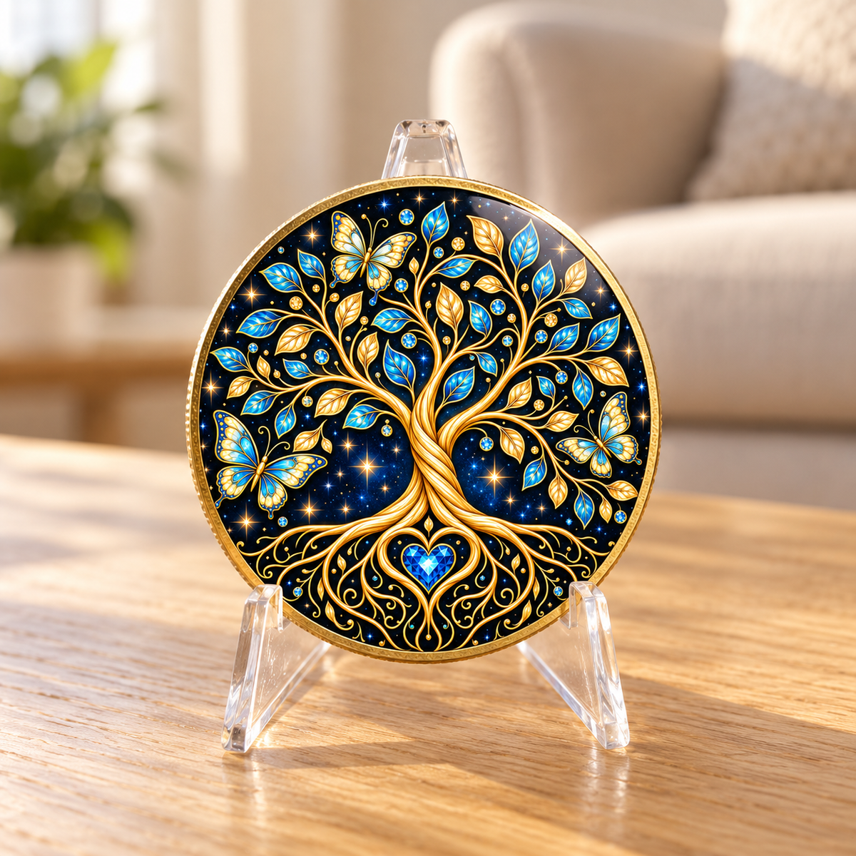 Blue and gold tree of life recovery coin standing on a clear display stand.