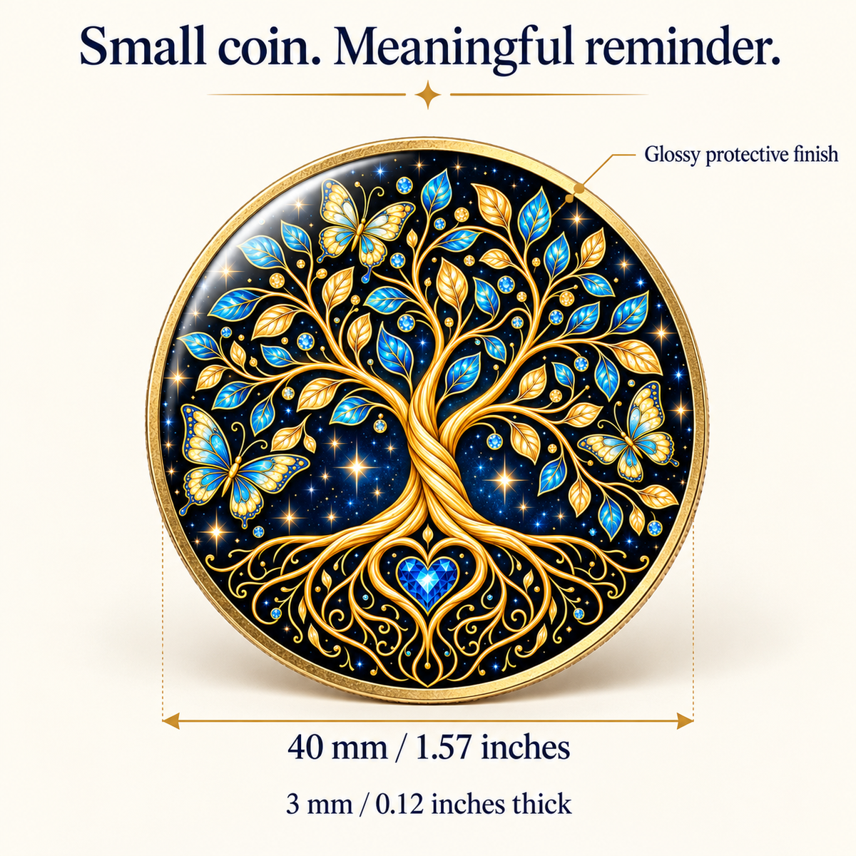 Round recovery coin with blue and gold tree of life and butterflies; 40 mm wide and 3 mm thick.