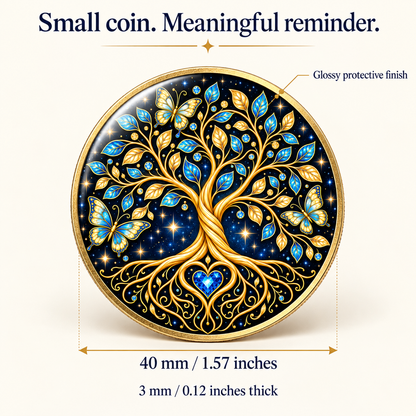 Round recovery coin with blue and gold tree of life and butterflies; 40 mm wide and 3 mm thick.