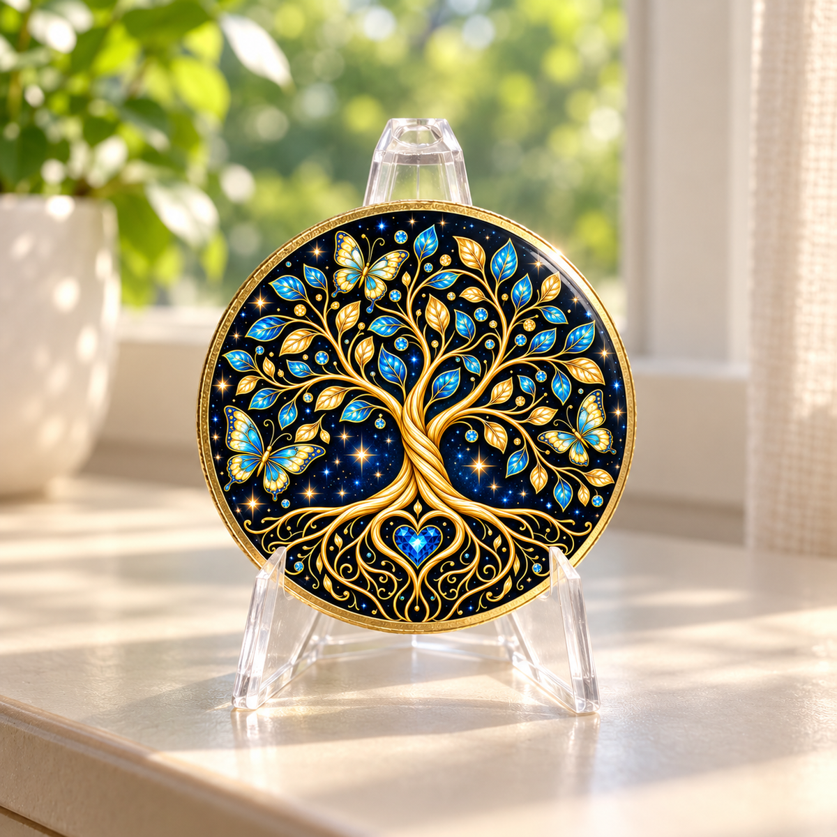 Tree of Life recovery coin on a clear stand, with blue and gold butterflies and a gold tree