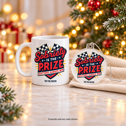 White mug and round ornament with matching sobriety prize graphics and printed date