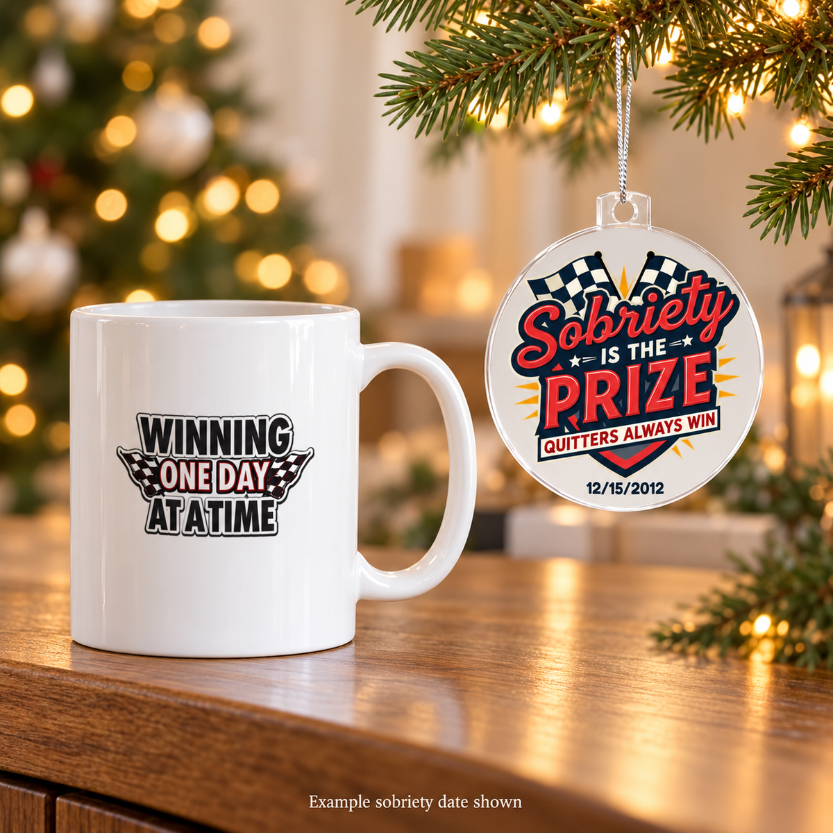 White mug with winning message beside a round sobriety prize ornament