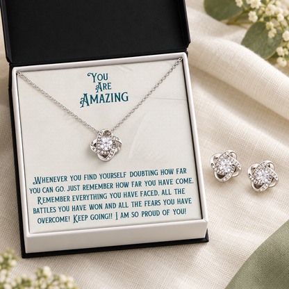 Silver-tone necklace and matching crystal stud earrings in a gift box with an encouragement card