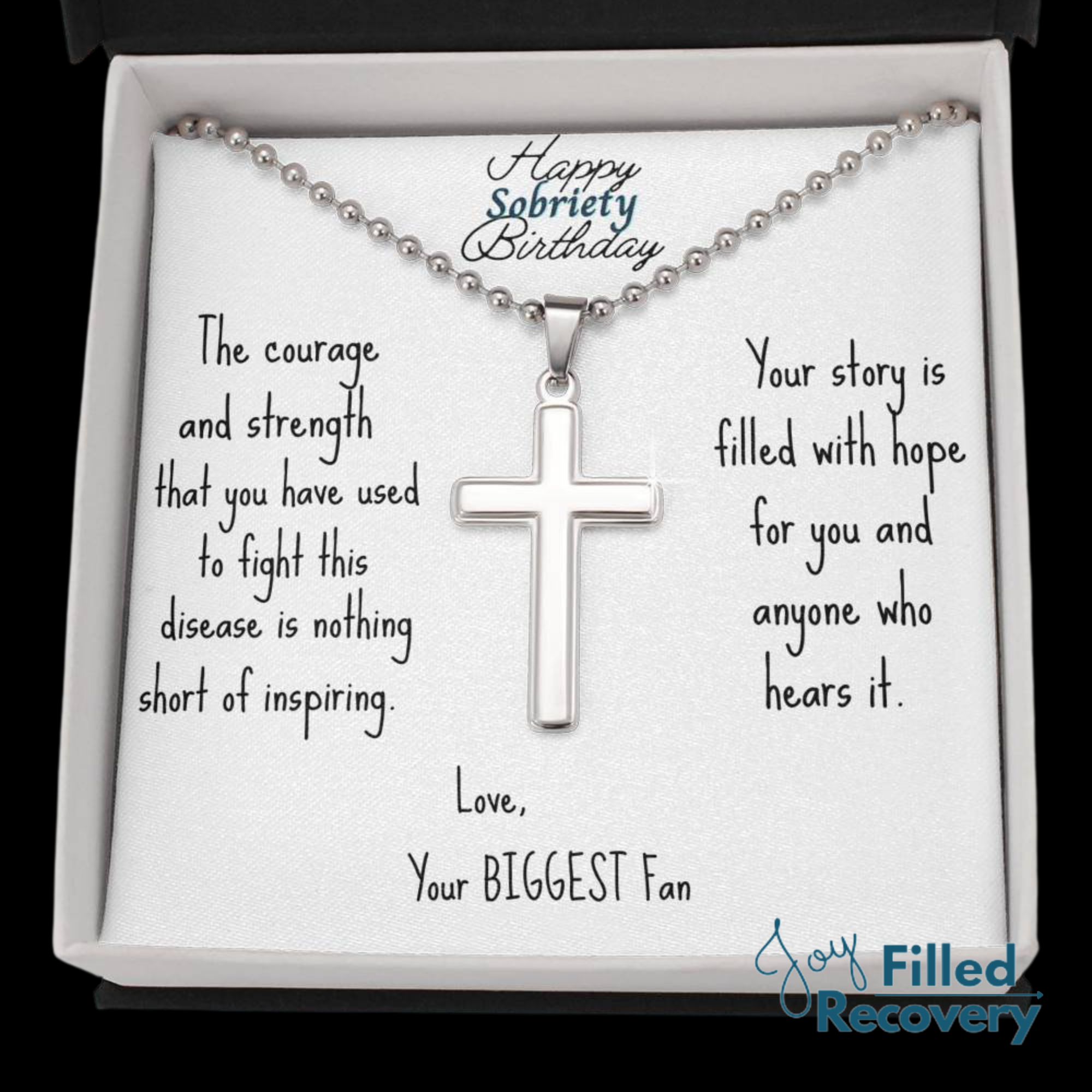 Silver cross necklace with engraved message card shown in gift box